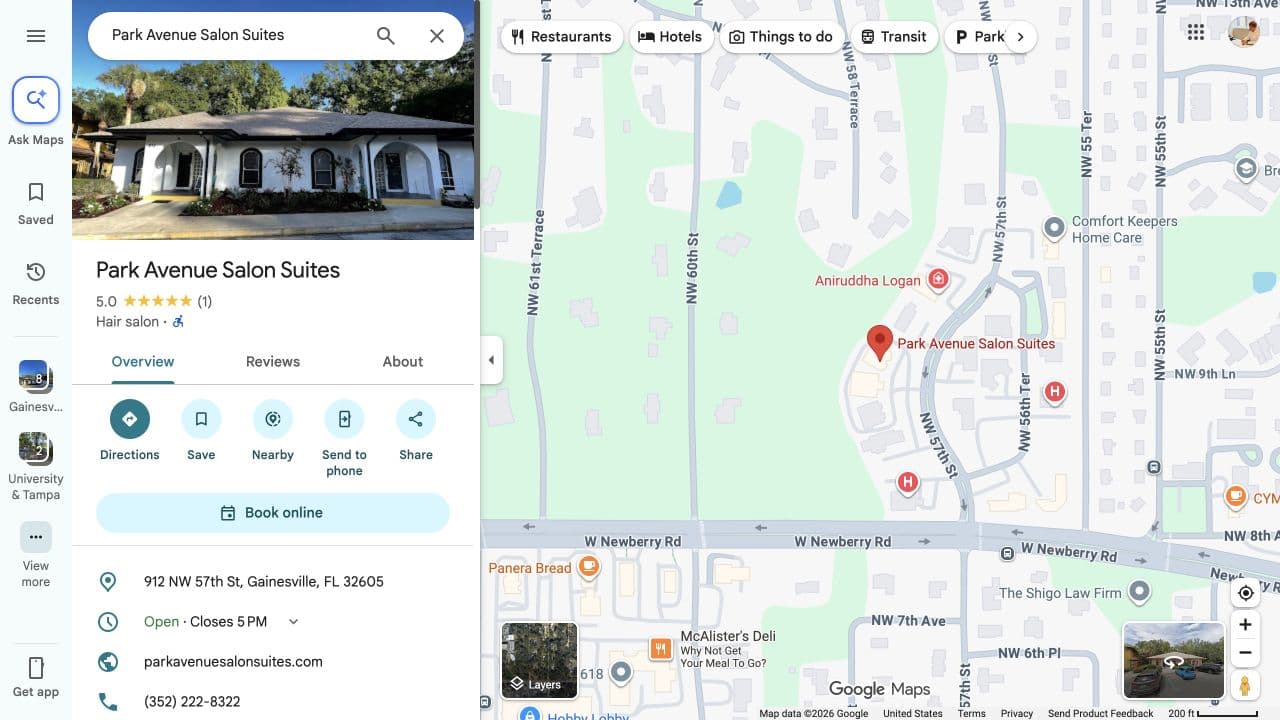 Google Maps view of Park Avenue Salon Suites at 912 NW 57th Street in Gainesville